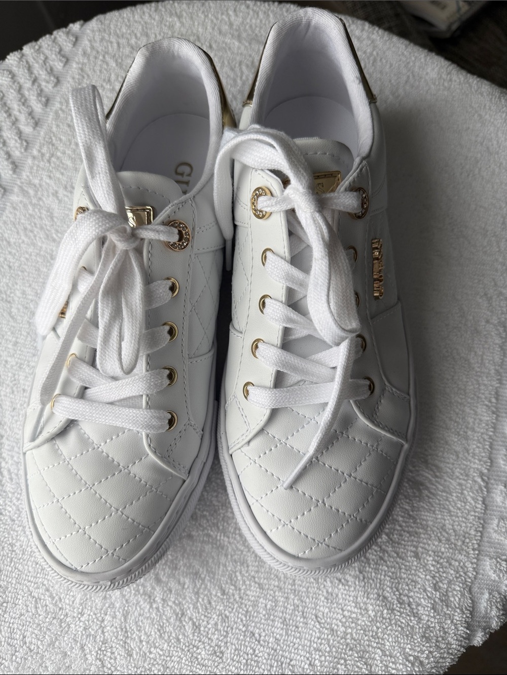 Guess White Quilted Lace-Up Sneakers with Gold Accents